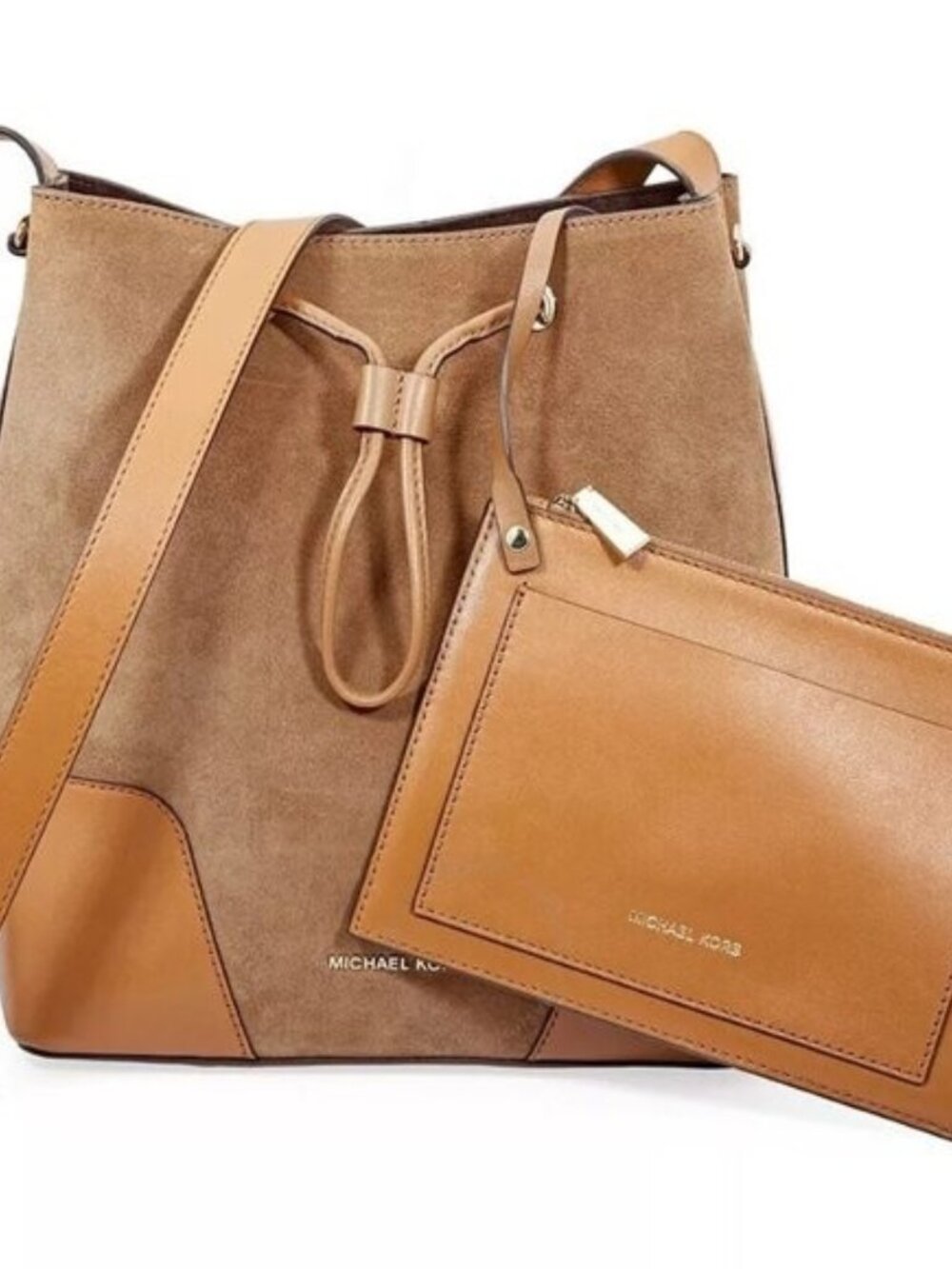 New Michael Kors Cary Brown Suede & Leather Shoulder Bag